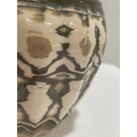 Hand Thrown Carved Agateware Pottery 8.25" Vase Blue Brown Cream Clay - Picture 7 of 13